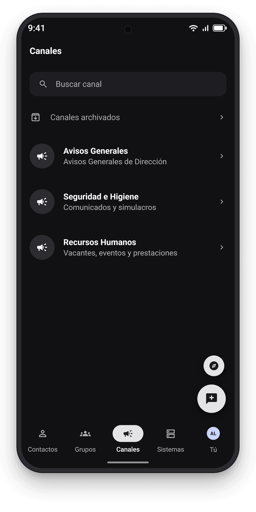 Pantalla de Canales de avisos de Jibby Chat