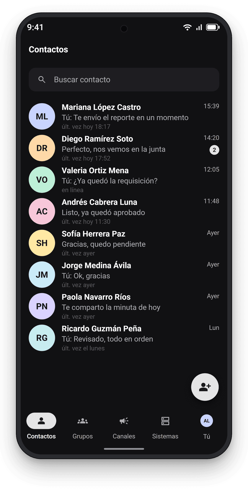 Pantalla de Contactos de Jibby Chat con la lista de conversaciones recientes