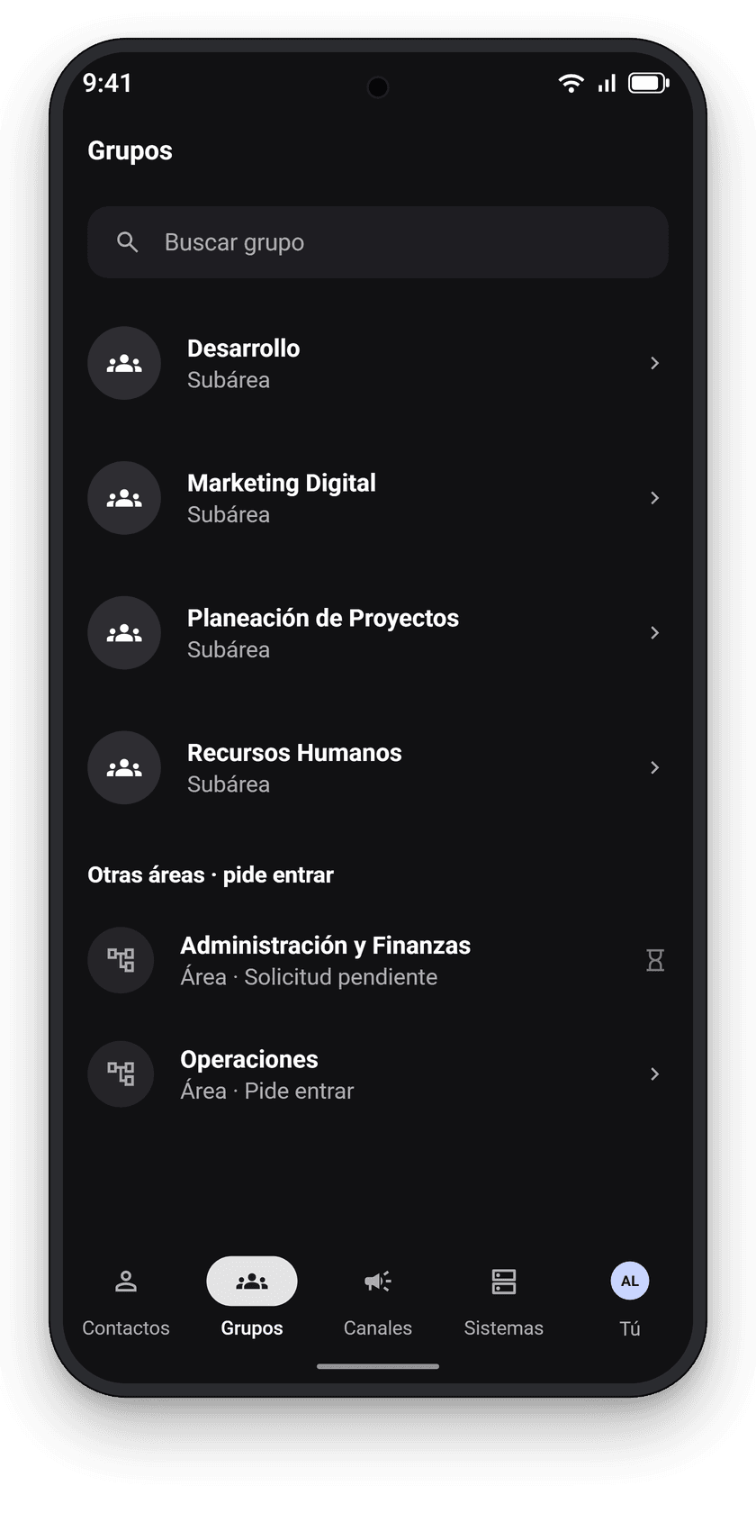 Pantalla de Grupos de Jibby Chat organizados por área y subárea