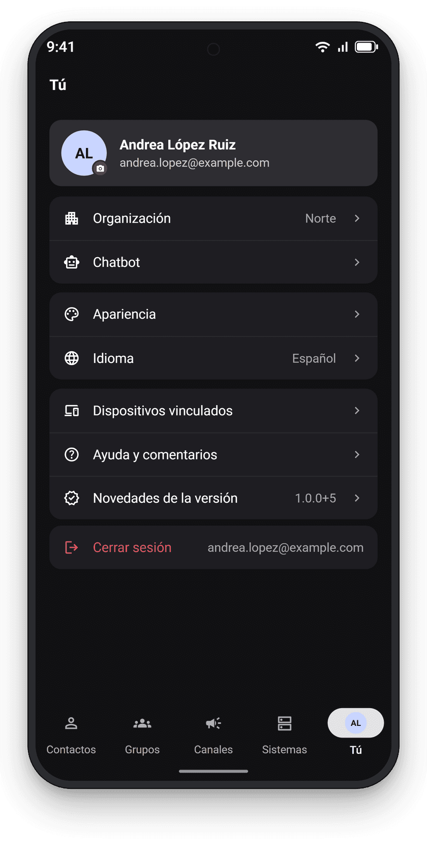 Pantalla de perfil y ajustes de Jibby Chat
