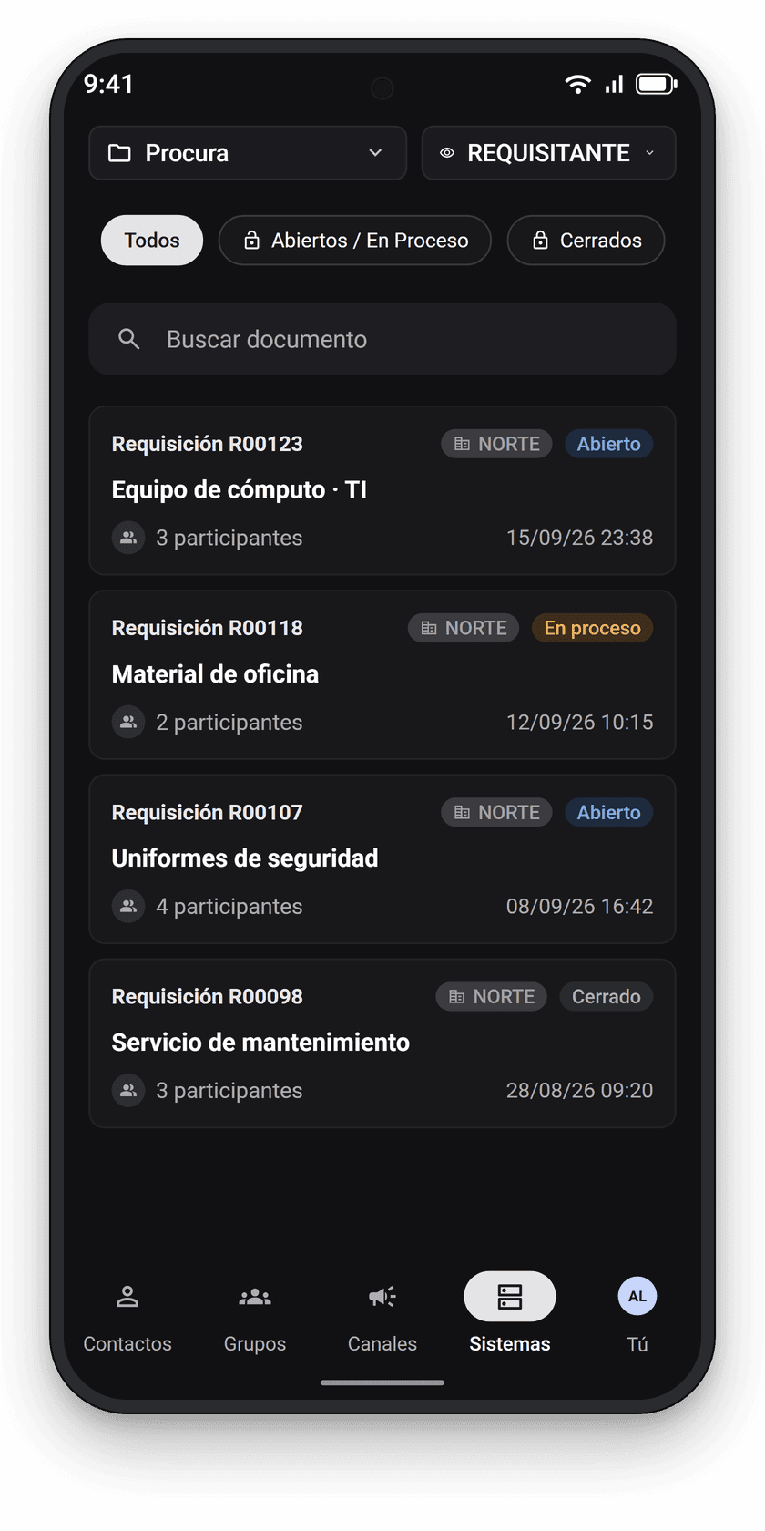 Pantalla de Sistemas de Jibby Chat con requisiciones y su estado